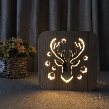 Drewniana lampka nocna LED jeleń USB
