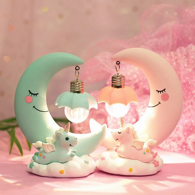 Różowa lampka 3D jednorożec i księżyc